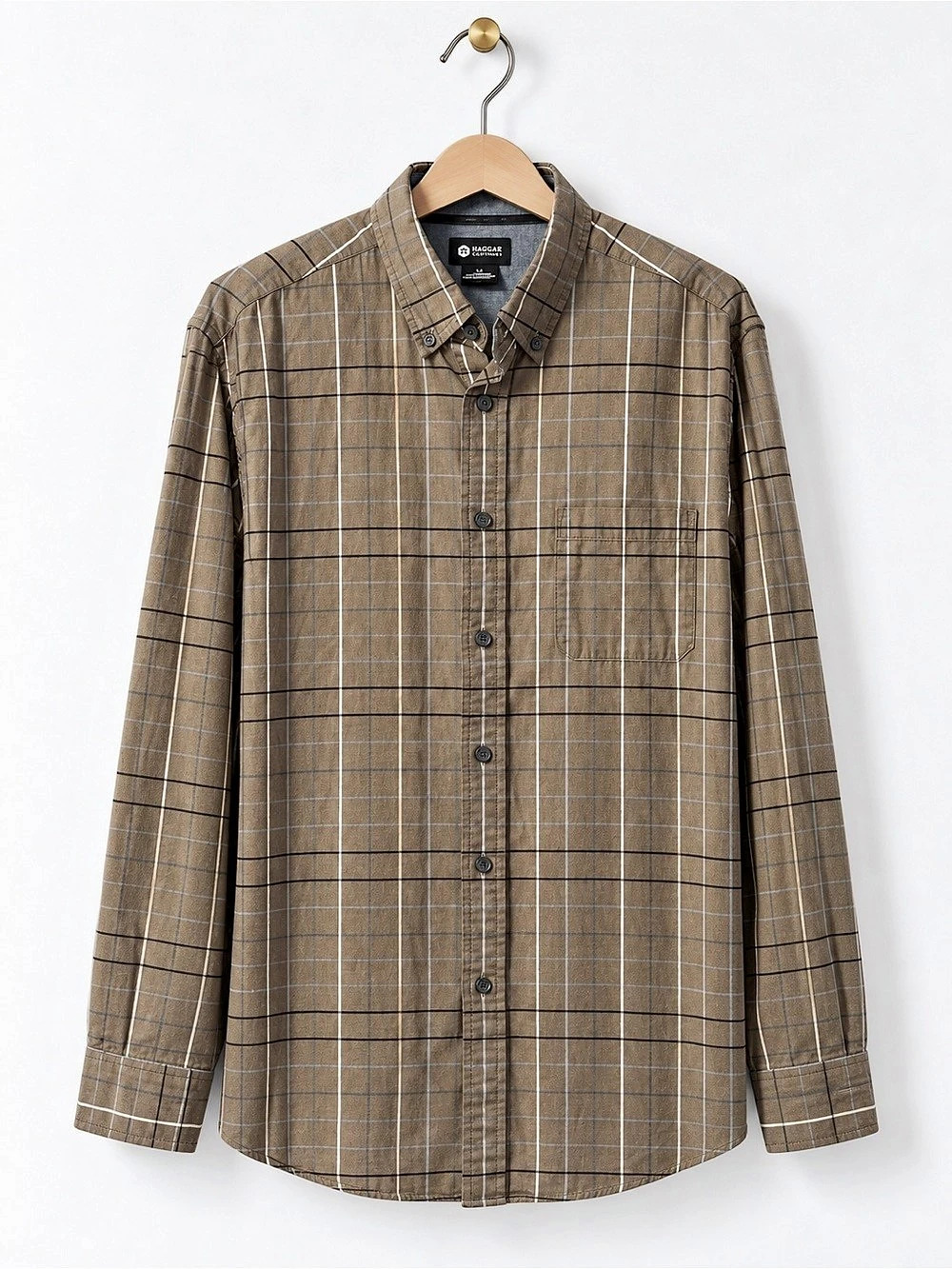 Haggar Plaid Collared Button Down in Brown & Grey Size Large